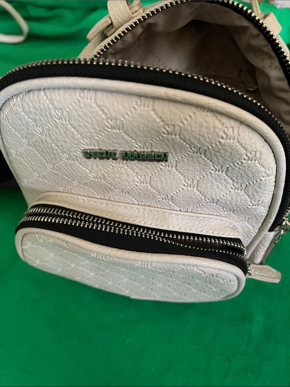 Steve Madden White Quilted Mini Backpack with Front Zip Pocket